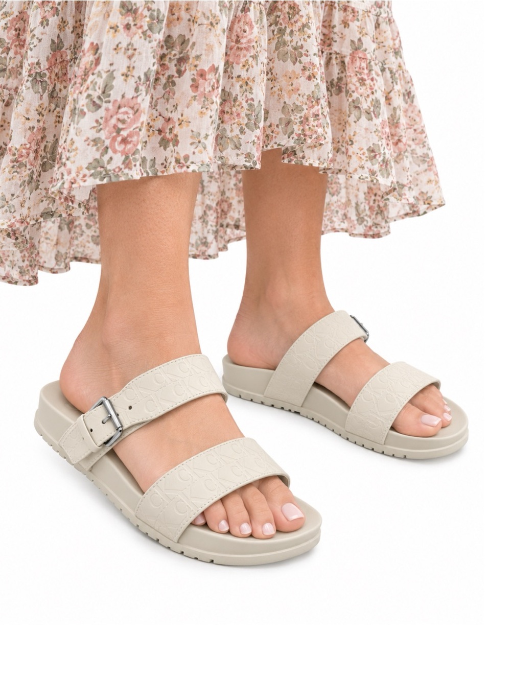Size 10 Calvin Klein Jeans Women’s KCLANCE Monogram Double Strap Sandals White
